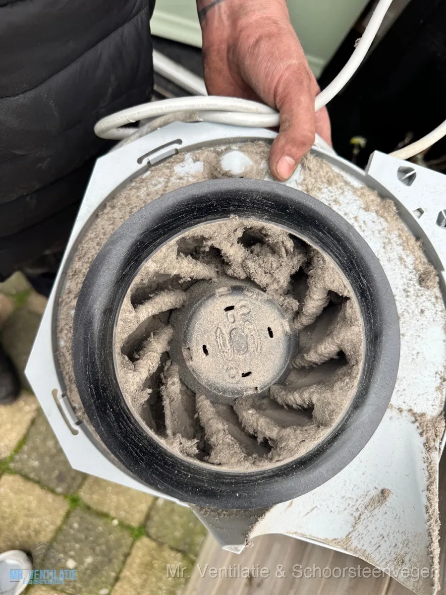 Vervuilde motor met dikke stoflaag op de bladen